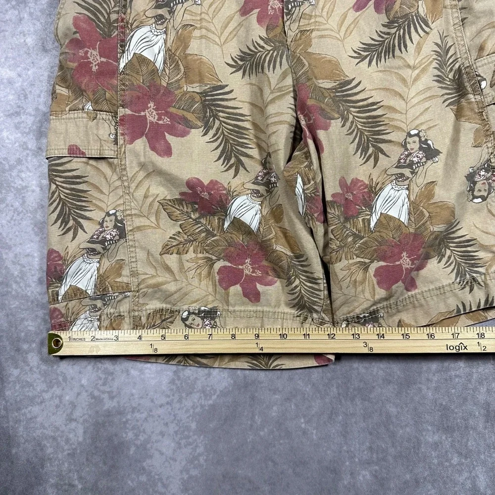 Island Shores Mens 38 Cargo Shorts Tan Tropical Hula Girl Hibiscus Cotton Floral